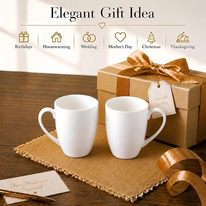 Plain White Fine Bone China Blank Coffee Mugs Set of 2, 11 Oz Tea Cups with Large Handle, Lightweight Ceramic Coffee Mugs, Aesthetic Coffee Cups