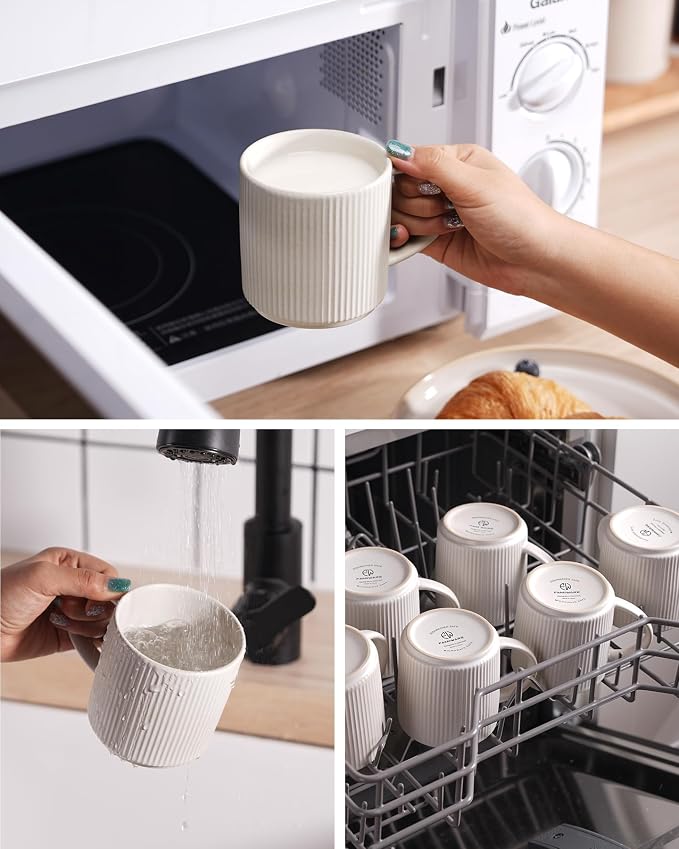 famiware Coffee Mug Set for 6, Star 12 oz Catering Mugs Cup Set with Handle for Coffee, Tea, Cocoa, Milk - Ceramic Stoneware Drinkware Set, Matte White + Matte Black
