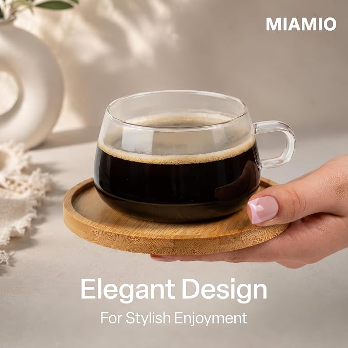 MIAMIO - 4x Glass Coffee/Tea Cups with Saucer (9.5 oz), Cappuccino Mugs/Tea Cup/Glass Mug for Coffee, Tea, Matcha, Latte, Coffee Cup with Saucer in a Set of 4 - Olea (Transparent)