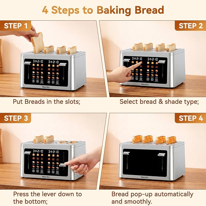Mecity 4 Slice Touchscreen Toaster, 6 Bread Modes & 6 Browning Levels, Dual Touch Control Wide Slot Stainless Steel Electric Toaster with Memory, Defrost, 3-Min Auto Shutoff for White, Bagels, Waffles