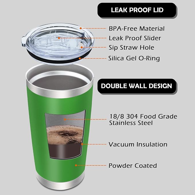 AIANJI 20oz Tumbler Bulk Stainless Steel Tumblers with Lid Vacuum Insulated Double Wall Travel Coffee Mug Powder Coated Tumbler Cup for Hot and Cold Drinks(Green, 6 pack)