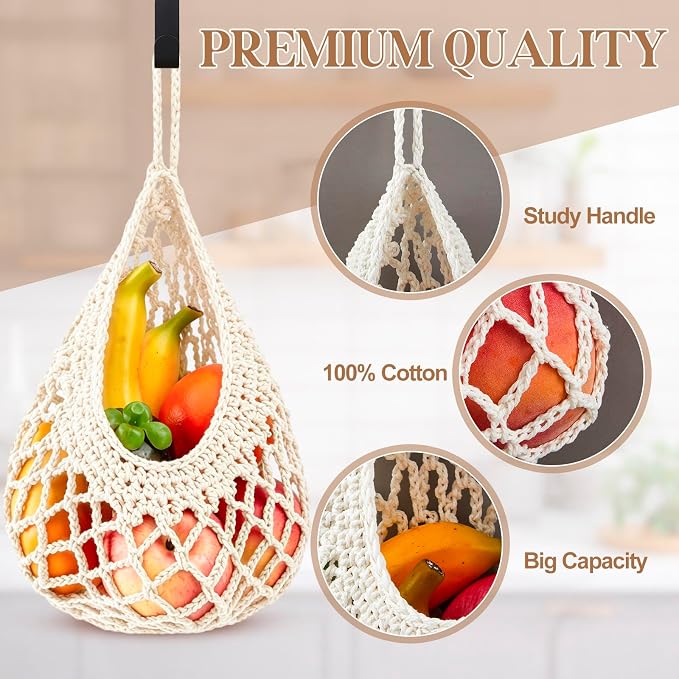 Honeydak Boho Decor Hanging Wall Baskets for Kitchen 3 Pack Teardrop Baskets with Hooks Storage Fruit Onion Vegetable Potato for Home 3 Sizes (White,Crochet,Cotton Rope)