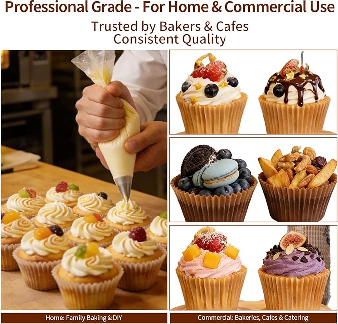 Cupcake Liners & Muffin Liners - JUMBO, NON STICK, THICK Parchment Paper For Baking Muffins - Big Giant Extra Large XL Size, Heavy Duty, Tall Unbleached Natural Brown Cup Cake Holders Wrappers