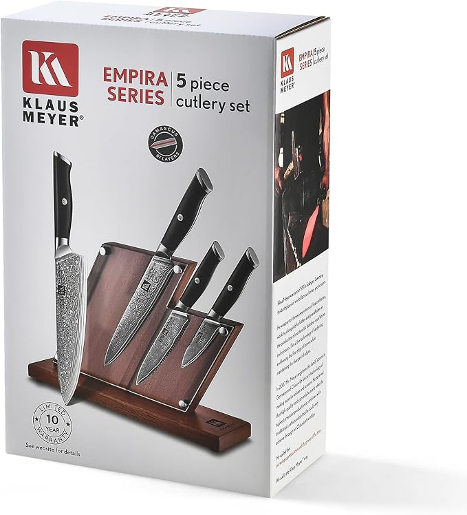 Klaus Meyer Empira 5 Piece Damascus Kitchen Knife Set With Magnetic Block | VG-10 Damascus Steel, Full Tang, Ultra Sharpness, Ergonomic ABS Handle, Strong Magnetic Block, Ideal Gift For Passionate Chef