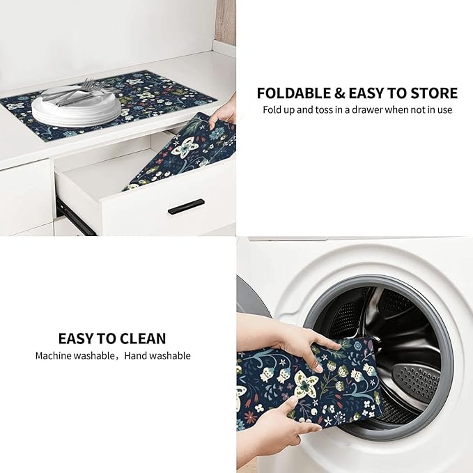 2Pcs Dish Drying Mats Faucet Mats Sets Large Size Coffee Mats Sink Faucet Mat Splash Guard for Kitchen Counter Bathroom Sink Coffee Bar Kitchen Decor (Cute Wildflowers, 18"x24" 15" x 5.5"Set)