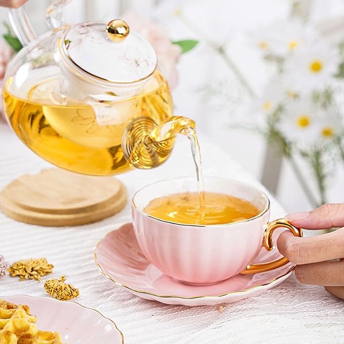 ICHAG 18-Piece Bone China Cup and Saucer Set, 7.7oz Pumpkin Coffee Cups with Golden Trim & Spoons, Heat Resistant Porcelain Mugs for Afternoon Tea, Home, Office, Party & Gifting