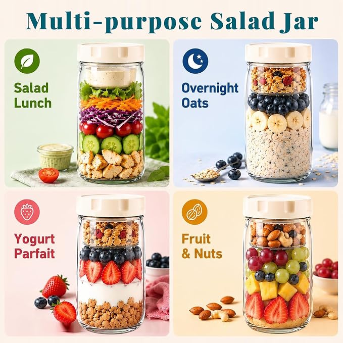 9PCS Salad Meal Prep Containers, 32oz Large Glass Salad Jars with Lids Meal Prep with 4 Forks, Leakproof Salad Container for Lunch with Separate Wet/Dry Dressing Cups for Home, Office and Outdoor