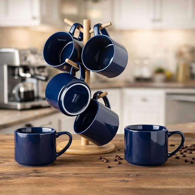 GBhome 14 OZ Coffee Mugs Set of 6, Stackable Ceramic Mugs for Men, Women, Modern Coffee Cups for Latte,Cappuccino,Hot Cocoa. Dishwasher & Microwave Safe, Navy Blue