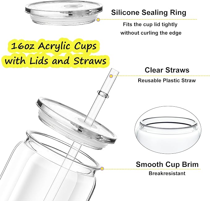 12 Pack Clear Acrylic Cups with Lids and Straws, 16 oz Plastic Mason Jars Reusable Iced Coffee Cups Unbreakable Drinking Glasses for Poolside, Party Giveaways, Park Picnic