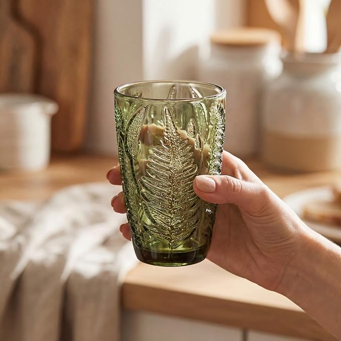 Green Drinking Glasses Mixed Set of 8, 12 oz Highball & 10 oz Lowball Hand-Pressed Glass Cups, Fern Embossed Textured Tumblers, Colored Vintage Glassware for Water, Cocktails, Juice, Housewarming Gift