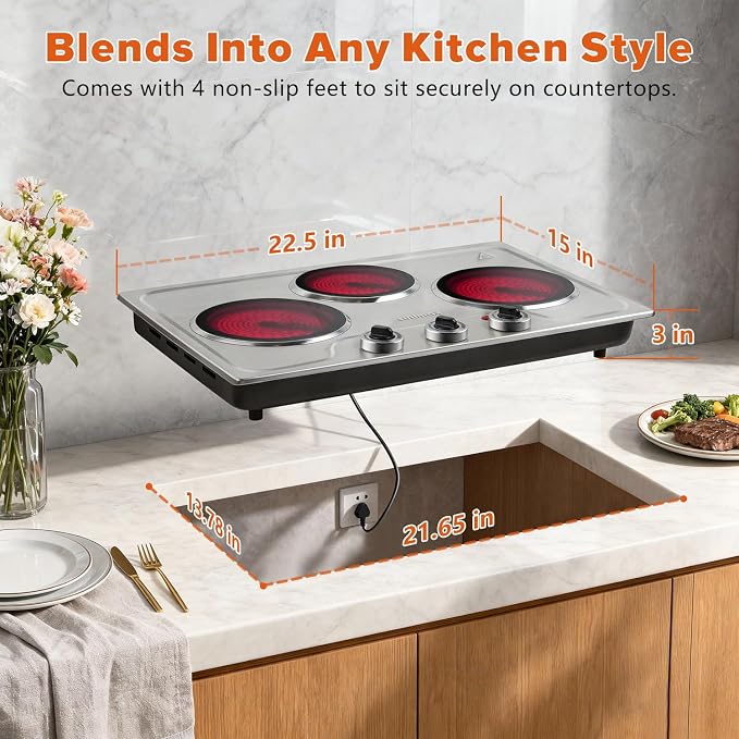 CUSIMAX Hot Plate,1800W Triple Infrared Burner, Independent Temperature Control,Electric Stove Can Simultaneously Cook Three Dishes,Compatible for All Cookware,Stainless Steel for Easy Cleaning