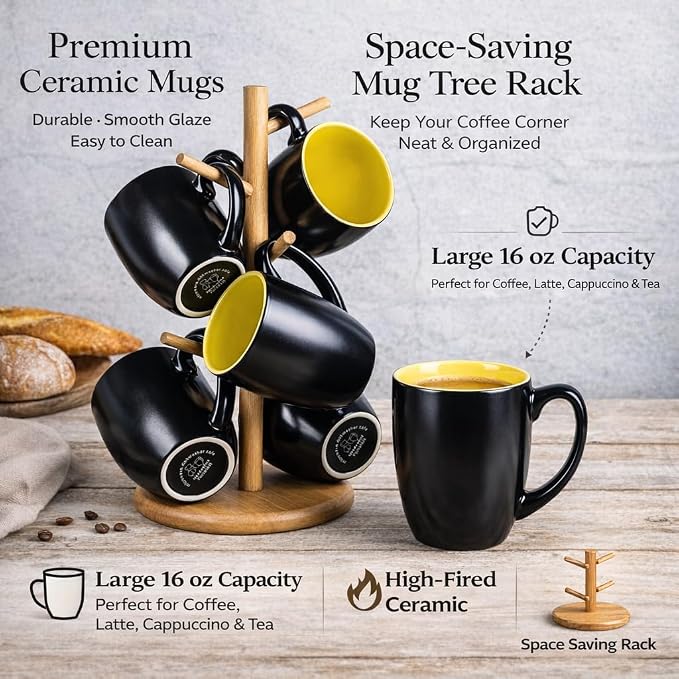GBhome 16oz Coffee Mugs Set of 6, Large Ceramic Coffee Mugs for Man, Woman, Dad, Mom, Modern Coffee Mugs Set with handle for Tea/Latte/Cappuccino/Milk/Cocoa. Dishwasher&Microwave Safe,Yellow
