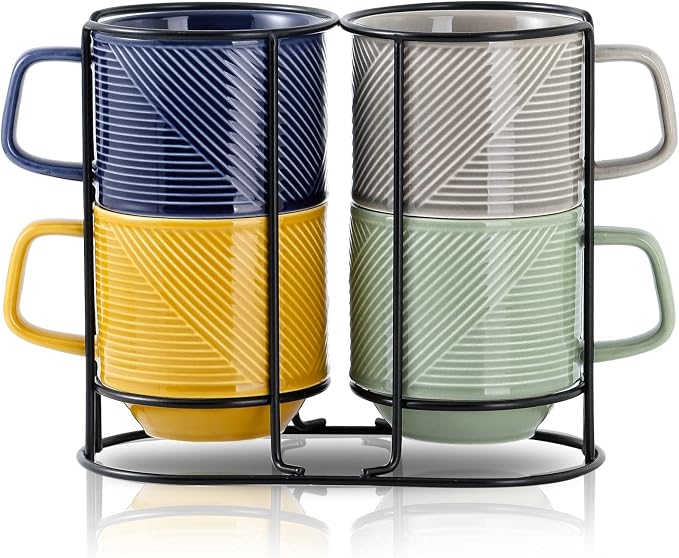 Stackable Coffee Mugs with Rack: 13 oz Stacking Ceramic Cups with Stand for Home & Office- Porcelain Stacked Tea Mug Set of 4