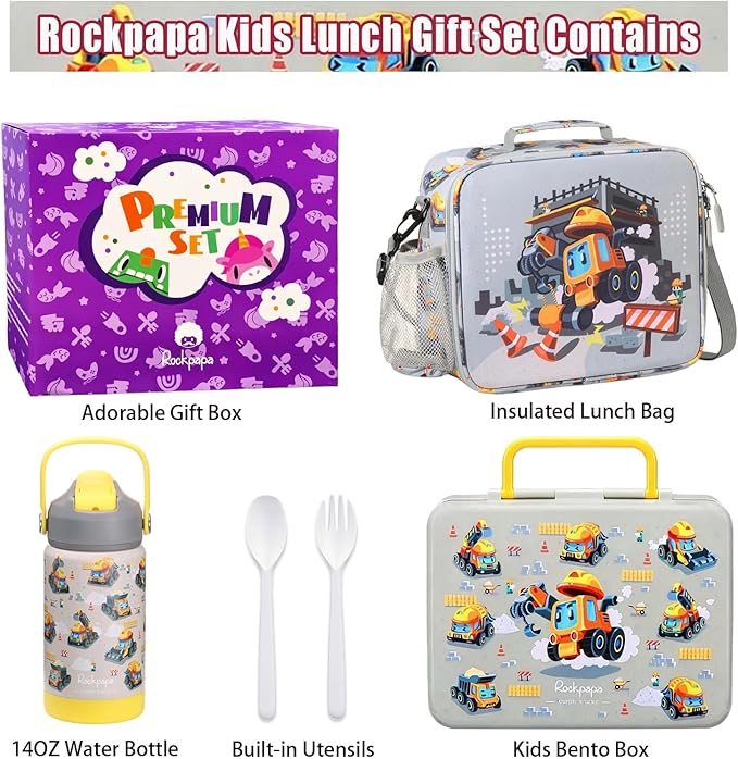 rockpapa Kids Lunch Box Set with 14oz Insulated Water Bottle & Lunch Bag, Leakproof 5.5 Cups Bento Box for School & Children, BPA-Free, Microwave Safe for Boys Girls (Grey Constr Turcks)