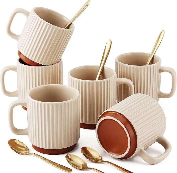 6 Set Ceramic Coffee Mugs with Gold Spoons, 8.8 oz Textured Ribbed Coffee Cups for Latte & Cappuccino, Modern Farmhouse Tea Mugs with Handle, Dishwasher & Microwave Safe(Beige)