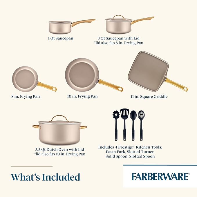 Farberware Radiant Nonstick Cookware/Pots and Pan Set with Lids and Prestige Kitchen Cooking Tools, Dishwasher Safe, 12 Piece, Champagne