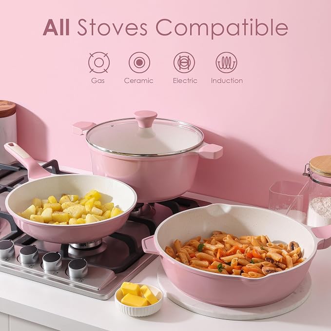 SENSARTE Large Nonstick Ceramic Cookware Set 13Pcs with 8-inch Frying Pan, Healthy Non Toxic Pan Set Induction Compatible with Heat Resistant Handle, PFAS-Free, Pink