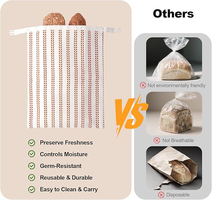 Beeswax Bread Bags for Sourdough, Reusable Bread Bags for Homemade Bread, 2 Pack Sourdough Bread Storage, Natural Cotton Beeswax Bags