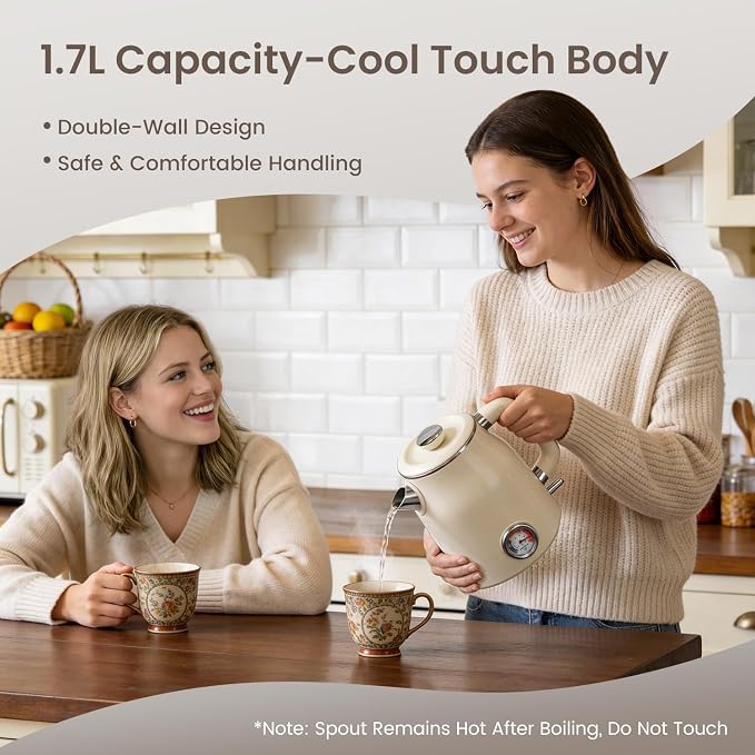 Mecity Retro Electric Kettle 1.7L, Stainless Steel Interior, Food-Grade Silicone Water Contact, Double Wall Cool Touch, 1500W Fast Boil, Thermometer (°F/°C), Wide Opening, Cream