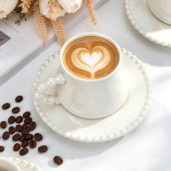 Coffee Cup Set of 6 with Saucers, 8 OZ Ceramic Espresso Cups, Pearl Glaze Coffee Cup Gift for Double Shot, Cappuccino, Cafe Mocha, Dishwasher & Microwave Safe, Elegant Deco