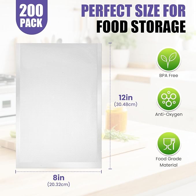 CAREGY Vacuum Sealer Bags 200 Quart 8" x 12" with BPA Free for Food Storage Meal Prep or Sous Vide