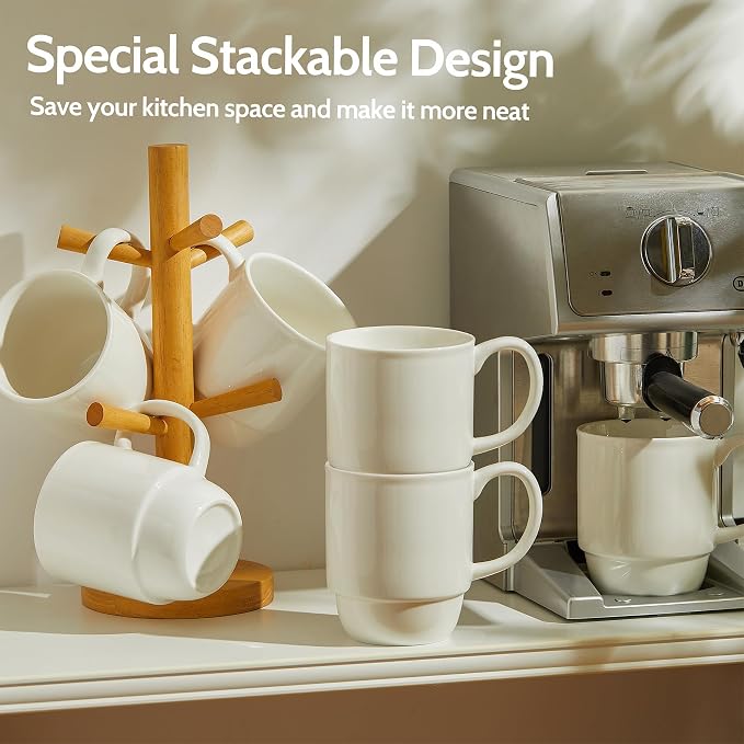 Sweese 21 Oz Large Mug Set, Porcelain Stackable Mugs Sets of 6, Coffee Cups with Handle for Coffee, Tea and Mulled Drinks, White