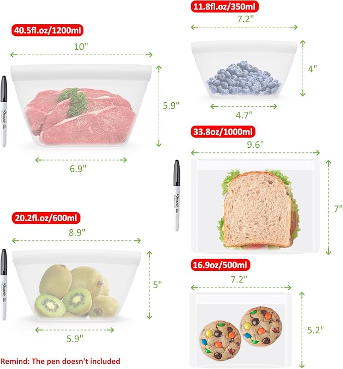 Silicone Bags for Food Storage, Reusable Zip Lock Bags Silicone Food Storage Containers, Freezer Microwave Oven Dishwasher Safe, Plastice BPA-Free 5 Pack (40oz 20oz 12oz 17oz 34oz)