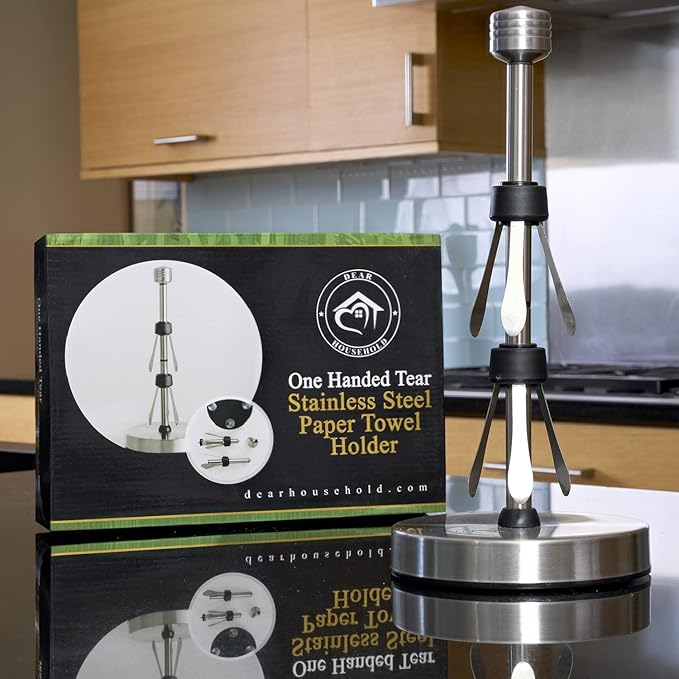 Heavy-Duty Stainless Steel Paper Towel Holder - Easy One-Handed Tear with Suction Cups - Modern Weighted Standing Countertop Dispenser for Kitchen - Holds All Paper Towel Rolls, Silver