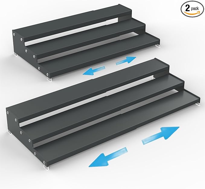 Expandable Spice Rack Storage organizer with 3-Tier step shelf cabinet,seasoning rack organizion.Great for Kitchen countertop shelves,Bathroom,dressing table,Cupboard,Pantry and more(2packs/Gun-gray)