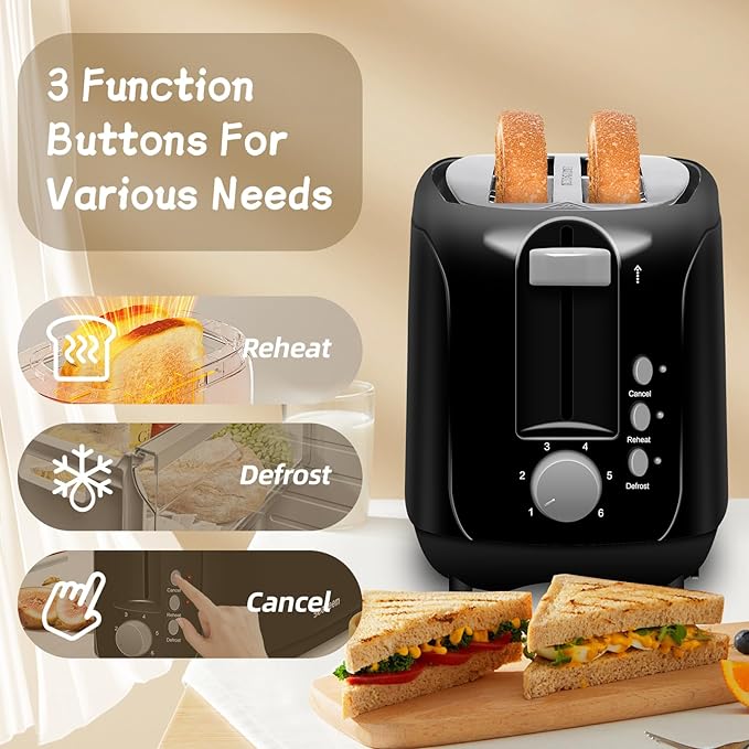 SEEDEEM 4 Slice Toaster, Extra Wide Slots Bread Toaster with 6 Shade Settings, Bagel/Cancel/Defrost/Reheat Functions, Removable Crumb Tray, Auto Shut-Off, Black