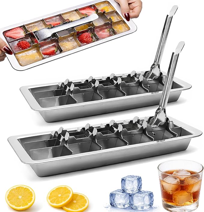 Stainless Steel Ice Cube Trays, Metal Ice Cube Trays for Freezer Vintage Inspired Design with Release Lever Remove Handle for Making Large Cubes Kitchen & Bar (2 pcs)