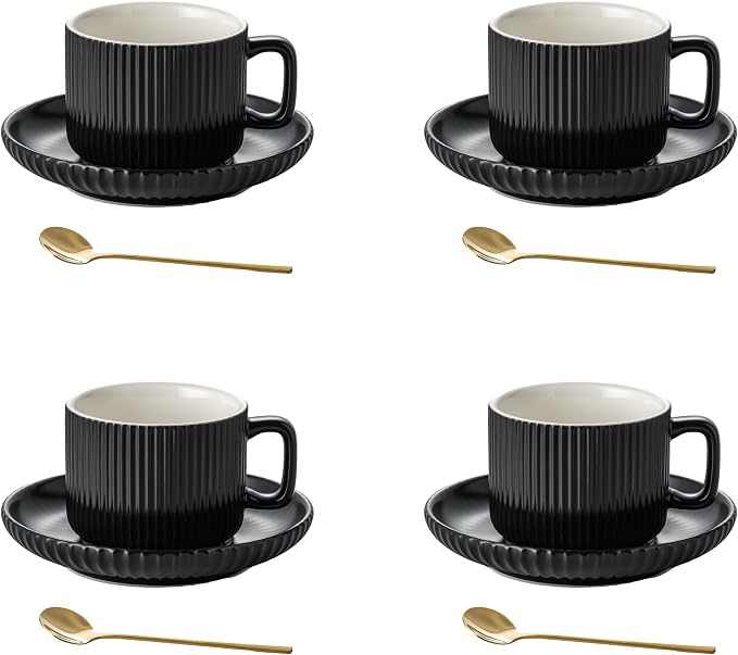 5 Ounce Espresso Cups Set of 4, Small Coffee Cups with Saucers and Spoons, Black Ceramic Demitasse Espresso Mugs