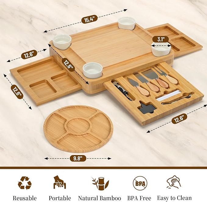 CAWIU Charcuterie Board with Lid – Large Bamboo Cheese Board Set with Utensils & Drawers – Housewarming, Wedding Gifts for Couples, Serving Tray with Cover (Black)