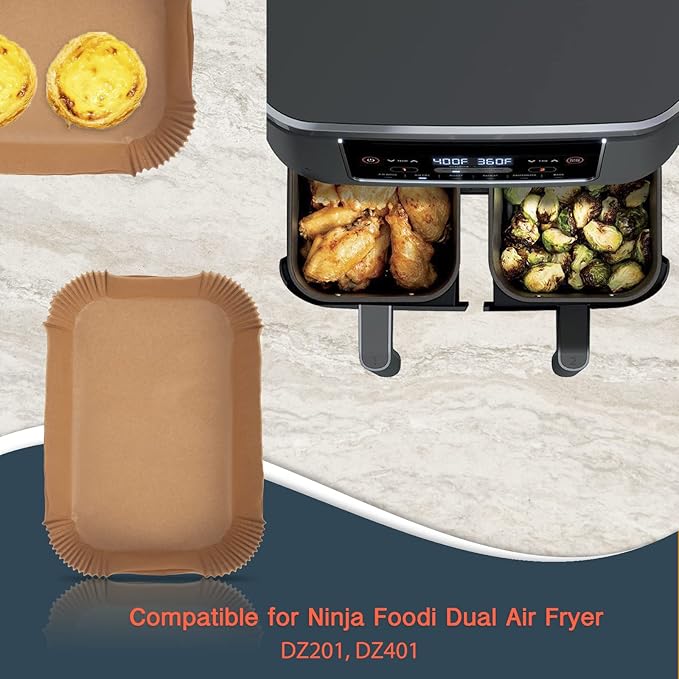 [3-Size] Air Fryer Disposable Paper Liner Rectangle Compatible with Ninja foodi Dual Air Fryers Toaster Oven, Non-stick Parchment Paper Baking Accessories (50Pcs - 8.7 Inch Rectangle)