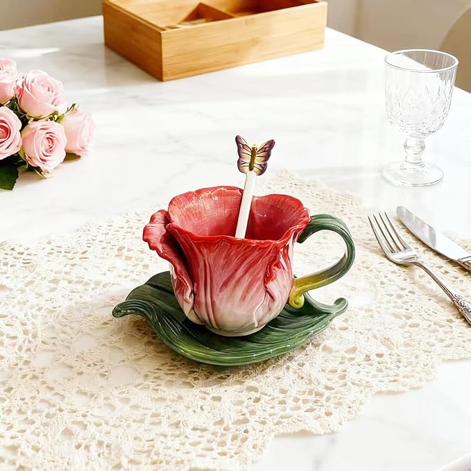 Ceramic Tea Cup and Saucer Set ，8OZ 3D Hand-Painted Flower Coffee Mug，Gift for Women -RoseRed
