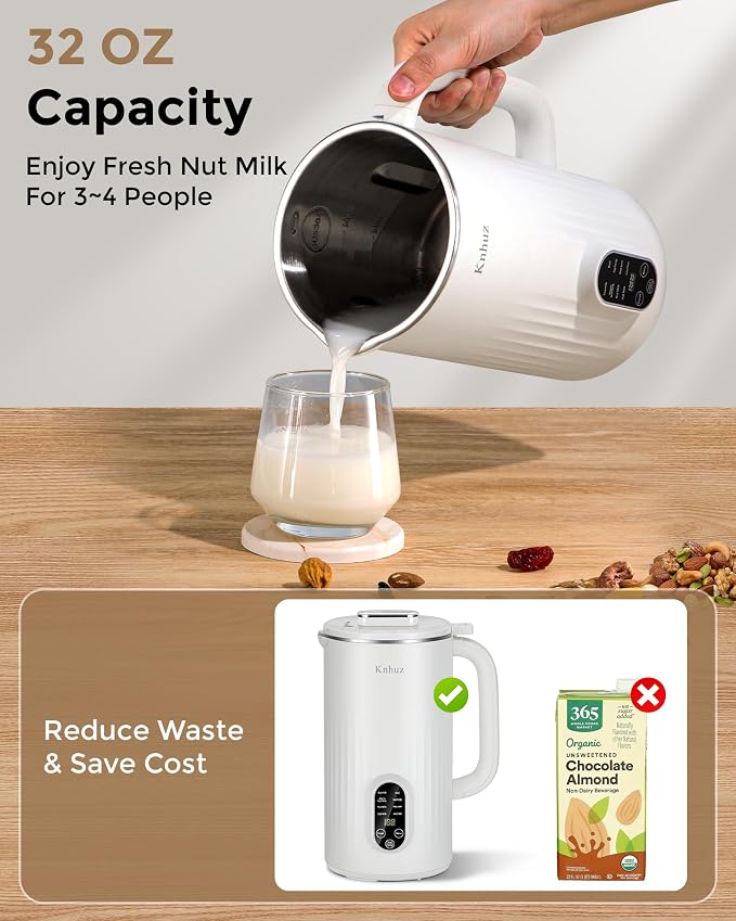 Kuhuz 32oz Automatic Nut Milk Maker Machine For Homemade Almond,Soybean,Oat,Coconut Plant Based & Non-Dairy Beverages,12H Time Delay/Self-Cleaning/Keep Warm,White