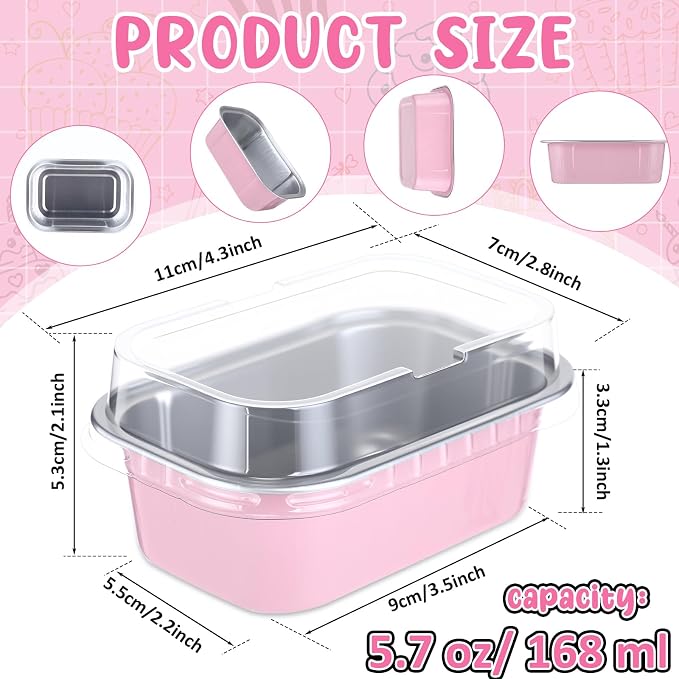 Vesici 100 Sets Mini Loaf Pans with Lids, 5.7 oz Disposable Aluminum Foil Baking Cups, Rectangle Cake Pans for Baking Storage Birthday Party(Pink)