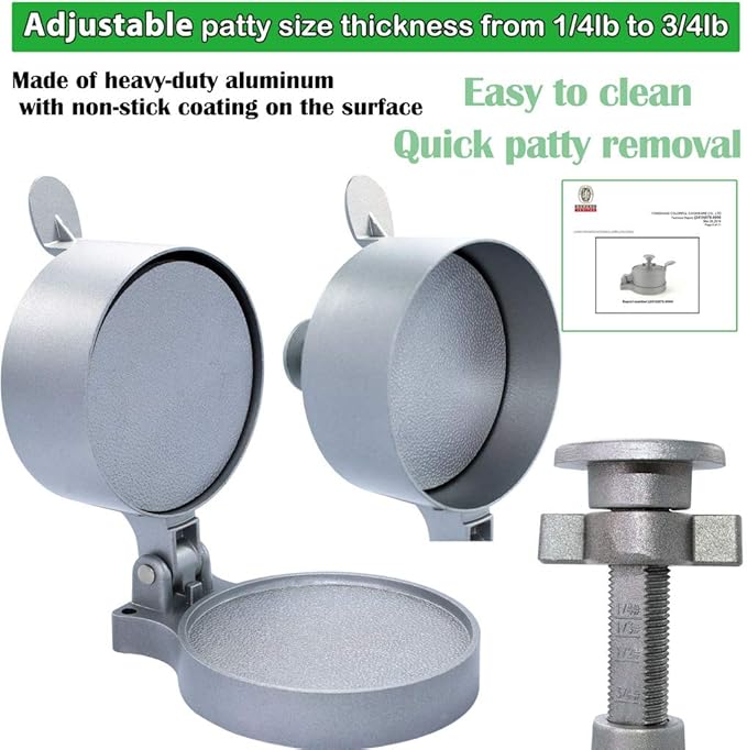laffeya Burger Press, Hamburger Maker with 50 Non Stick Patty Papers, Adjustable Burger Press Makes 4 1/2" Patties, 1/4Lb to 3/4Lb (Burger Press with Paper)
