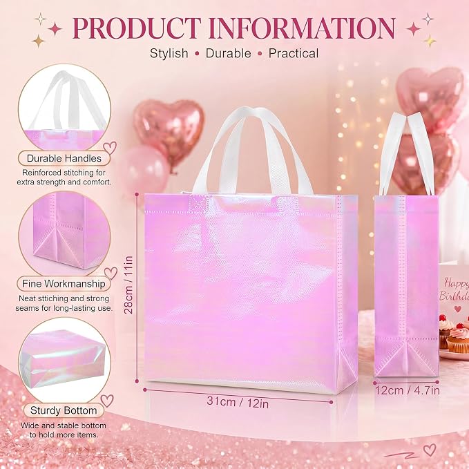 Eccliy Reusable Gift Bags Set Glossy Grocery Gift Tote Bag with Handle for Wedding, Bridal Shower, 4th of July, Summer Event(12 x 11 x 4.7 I Inch,Holographic Pink,60 Pcs)