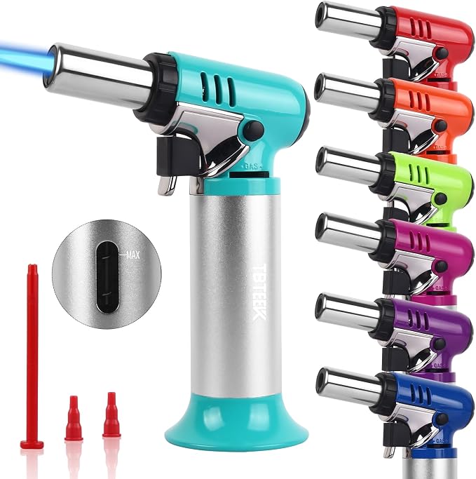 TBTeek Butane Torch with Fuel Gauge T907, One-hand Operation Kitchen Torch Lighter with Adjustable Flame for BBQ, Baking, Brulee Creme, Crafts and Soldering(Butane Gas Not Included), Aqua
