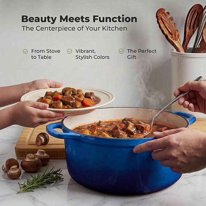 Zulay Kitchen 5 Quart Enameled Cast Iron Dutch Oven Pot with Lid – Premium Durability & Oven Safe up to 500°F – Heavy Duty Cookware Perfect for Bread Baking, Stews, Braising & Roasting – Blue