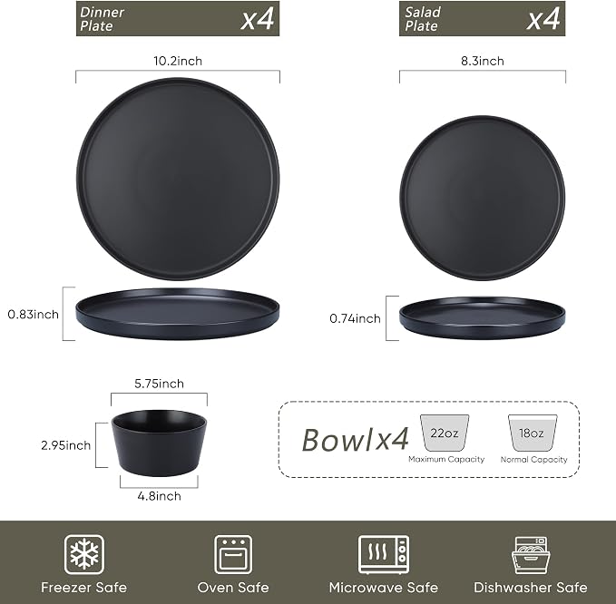 Herogo 12 Pieces Stoneware Dinnerware Set, Service for 4, Dinner Plates and Bowls Sets, Double Reactive Glaze Dishes Set for Kitchen, Scratch Resistant, Dishwasher Safe, Matte Black