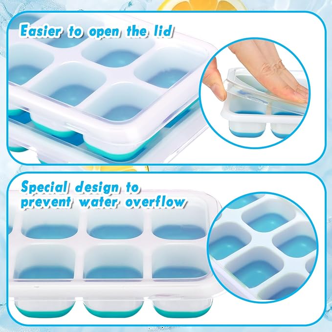 Rtteri 36 Pack Ice Cube Trays Silicone Ice Tray for Freezer Flexible 14 Cube Molds Easy Release Stackable Trays with Lid for Drinks Cocktail Coffee Baby Food (Blue)