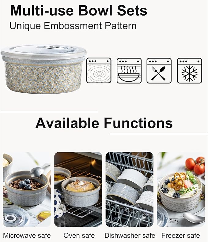 Creme Brulee Ramekins with Covers, Ceramic Souffle Ramekin with Lid, Small Baking Dishes, Food Storage Containers Serving Bolws with Lids for Lunch, Dessert, Fruit, Grey Cloud