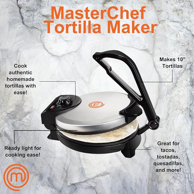 MasterChef Electric Tortilla Maker- Homemade Flatbread, Pitas, Bread, Tortillas- Heavy Duty, Non-stick Cooker is Easier than Tortilla Press, Adjustable Temperature Control and Uniform Baking, Gift