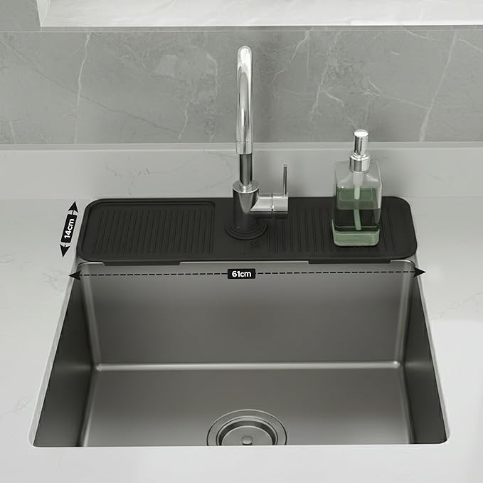 24 Inch Longer Faucet Mat for Kitchen Sink| 5° Slope Fast Self-Draining Sink Splash Guard | Multipurpose Faucet Mat Foldable Durable No Smell | Cut-to-Fit Opening Up to 2.6in | Black