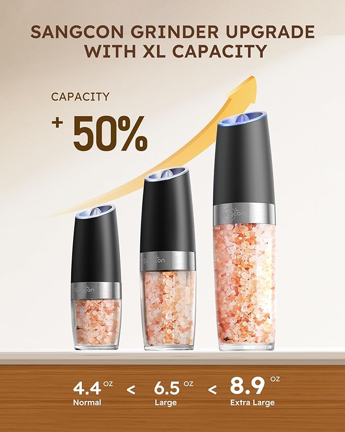 Gravity Electric Salt and Pepper Grinder Set Bundle Sangcon Electric Cheese Grater for Block Cheese, 5-in-1 Automatic Salad Shooter & Vegetable Slicer with 5 Stainless Steel Blades, One-Touch Countert