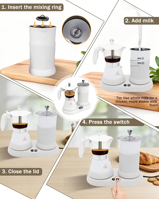 2-in-1 Milk Frother Electric Foam Maker and Moka Coffee Maker Espresso Maker 110V Electric Base Aluminum Frother Moka Pot 5oz 150ml Frothing Easy Brewing Latte Cappuccino Home Gift White