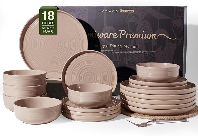 18-Piece Stoneware Dinnerware Sets for 6 - Coupe Plates and Bowls with Speckles & Spirals - Chip & Scratch Resistant, Microwave & Dishwasher Safe - Farmhouse Dishes - Gift Box, Brown