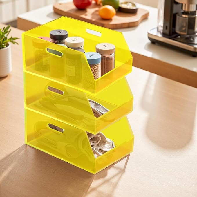 Gelite Stackable Storage Bins Open Front Organizer Bins with Handles Acrylic Storage Container for Pantry Kitchen Cabinet Bathroom Closet Office Organization, 11.4x7.5x5.1'', Neon Yellow